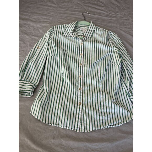 Charter Club Womens White Green Blouse 10 collared button up long sleeve cotton - Picture 2 of 6